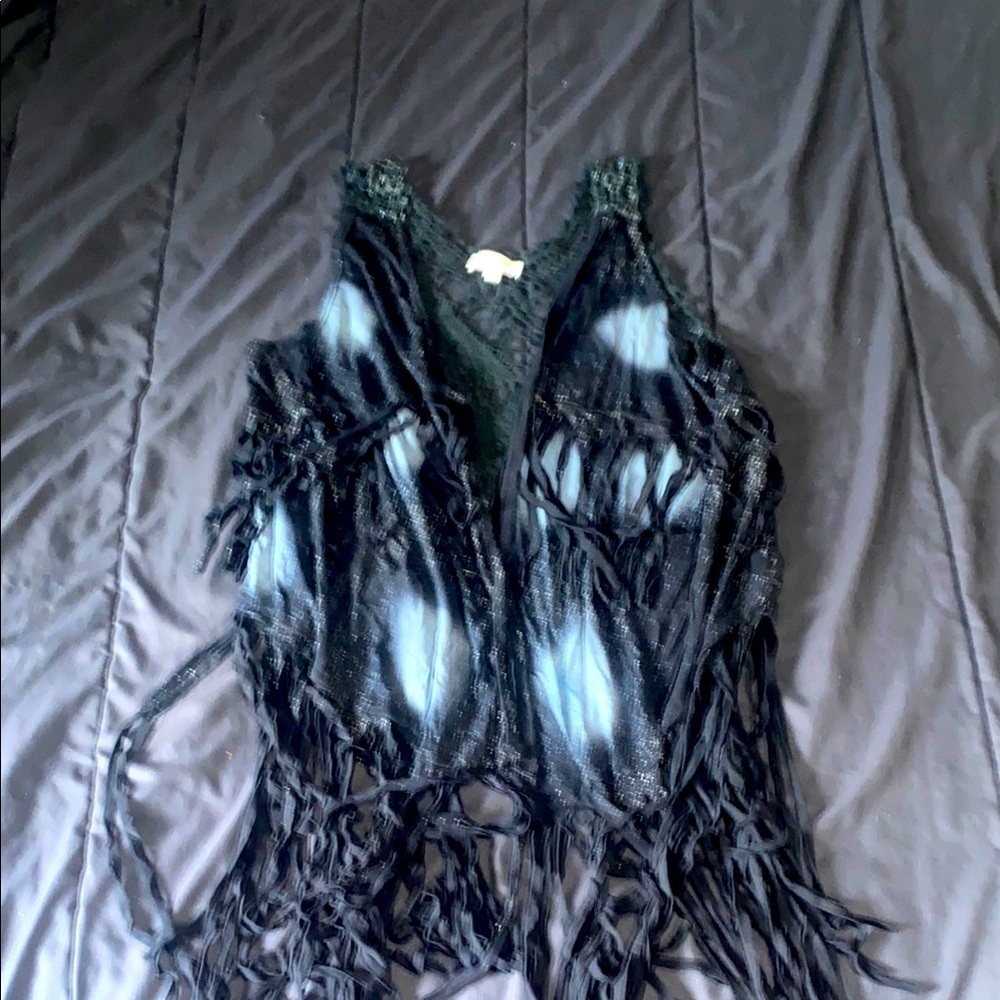 Black and Blue Fringe Lace Vest